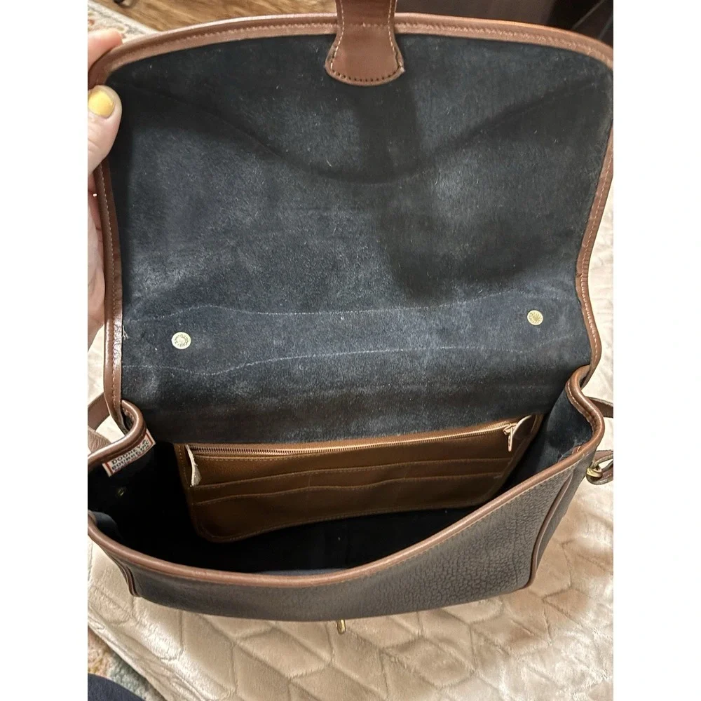 Vtg Dooney & Bourke AWL Navy Brwn Leather Satchel Crossbody Kiss Lock Wallet Set